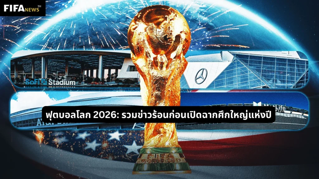 โลโก้และถ้วยรางวัลฟีฟ่า เวิลด์คัพ 2026 พร้อมธงชาติสหรัฐอเมริกา แคนาดา และเม็กซิโก เจ้าภาพร่วมการแข่งขัน